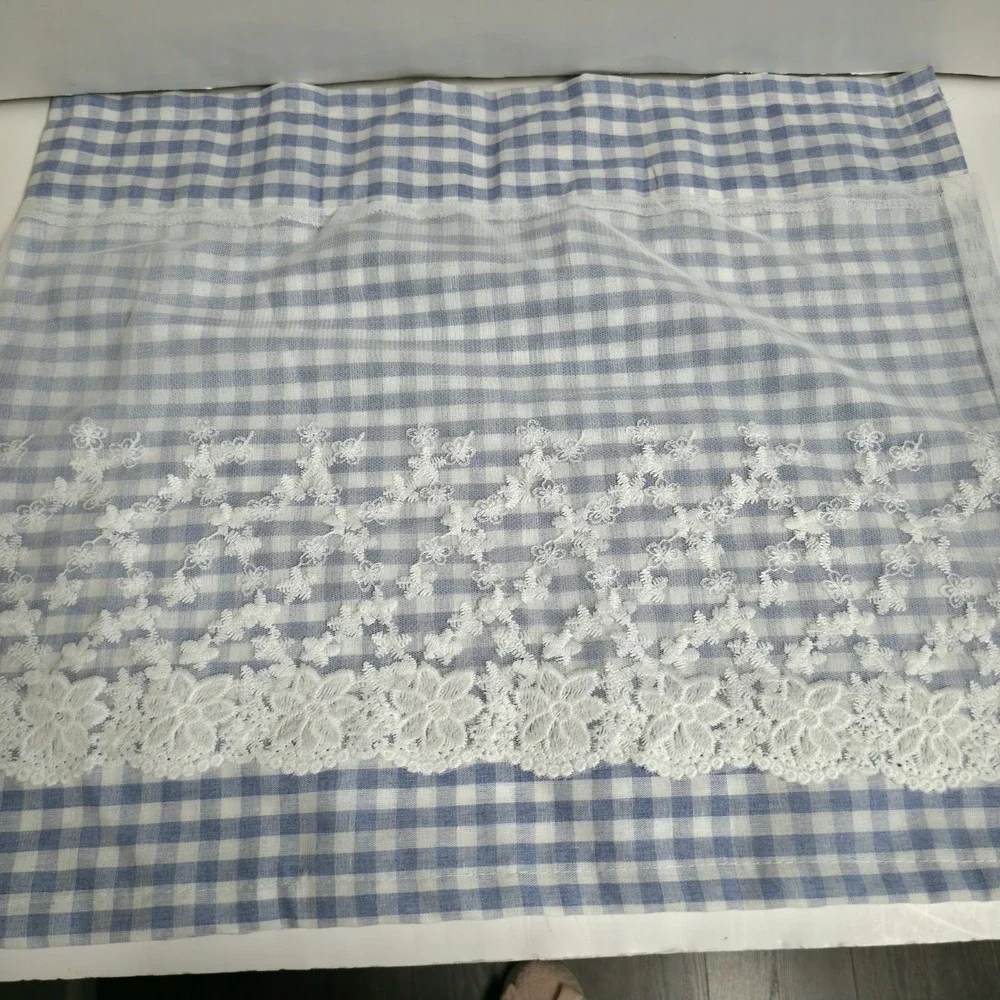 Blue White Gingham Check Cafe Curtain Floral Lace Farmhouse Kitchen Tier 42 X 17